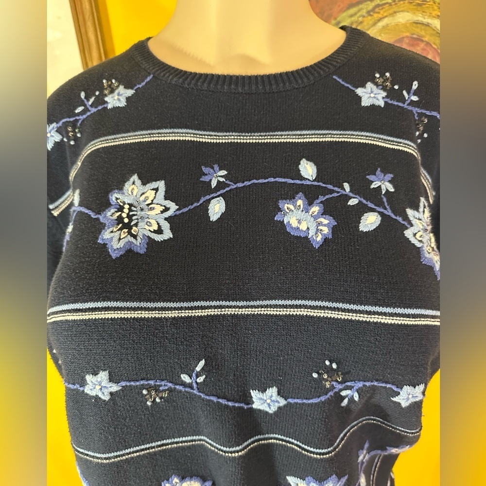 Alfred‎ Dunner Womens Embroidered Floral Blue Short Sleeve Pullover Sweater - Picture 5 of 11
